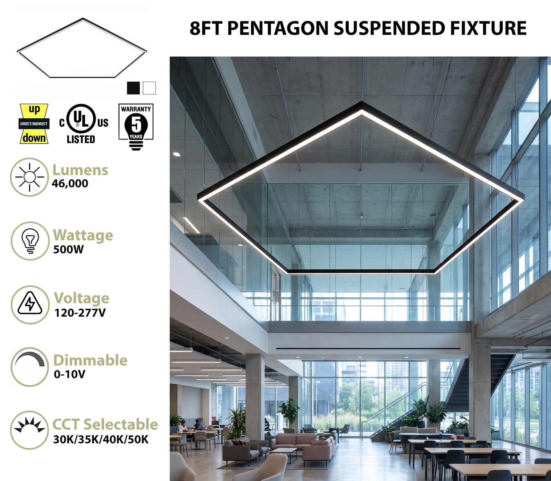 8FT Pentagon LED Direct/Indirect Pendant Light, 2" Wide, 46,000 Lumen Max, Wattage and CCT Selectable, 120-277V, White or Black Finish