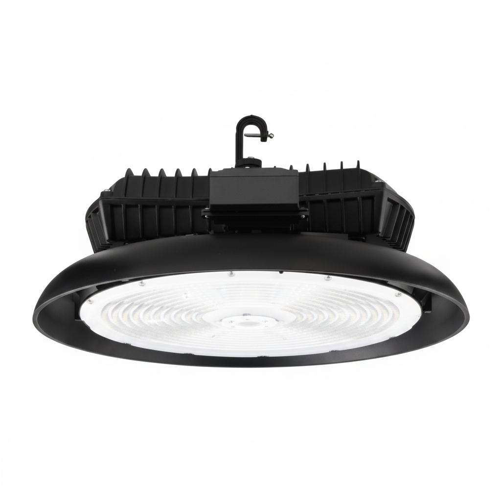 A black high bay LED pendant light with a ribbed housing and a clear light dome, shown against a plain white background.