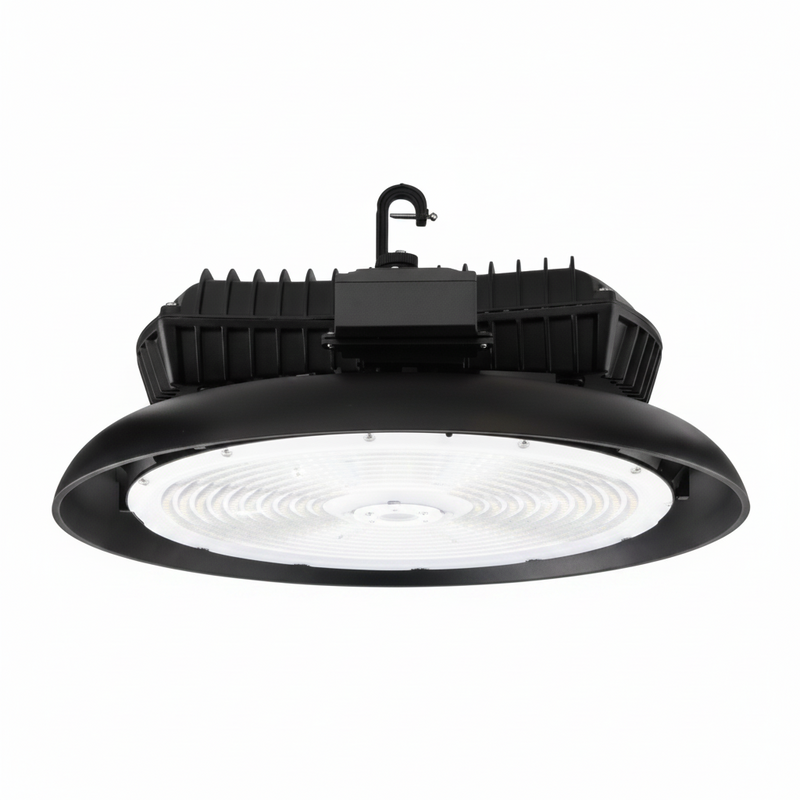 A black high bay LED pendant light with a ribbed housing and a clear light dome, shown against a plain white background.