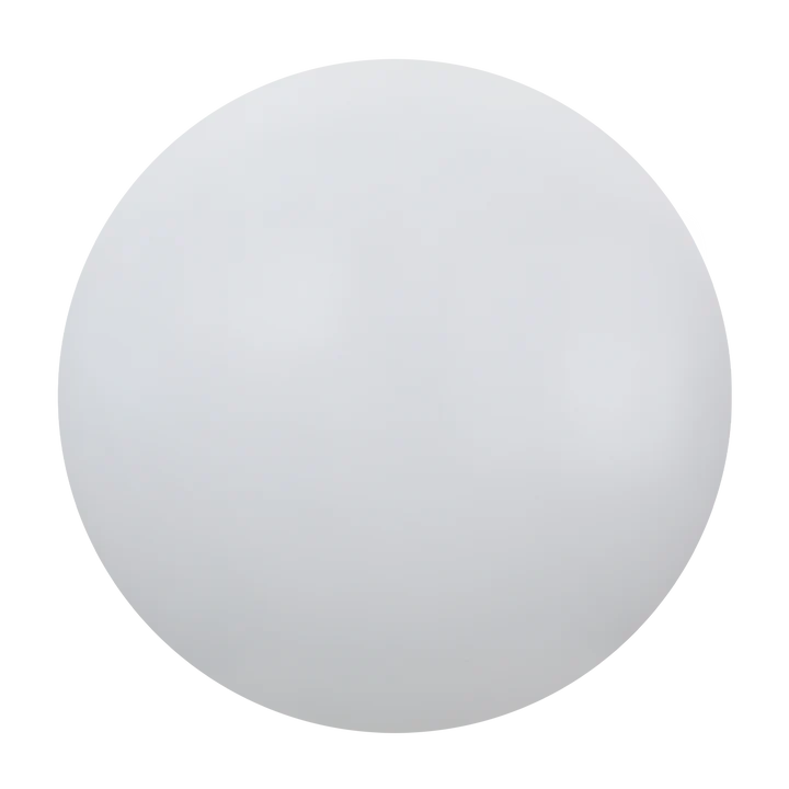 A minimalist, solid white spherical object with a smooth, matte finish, centered on a clean white background.