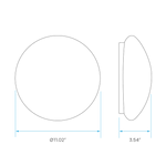 Technical dimension drawing of a round light fixture head, showing a top-down view as a circle with a diameter of 11.02 inches and a side profile of 3.