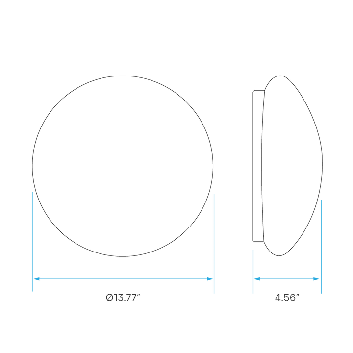 Technical dimension drawing of a round cabinet knob shown from front and side views, with measurements labeled Ø13.77 inches and 4.