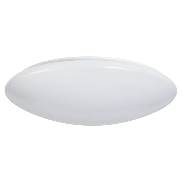 A white oval flush-mount ceiling light fixture shown against a solid white background.