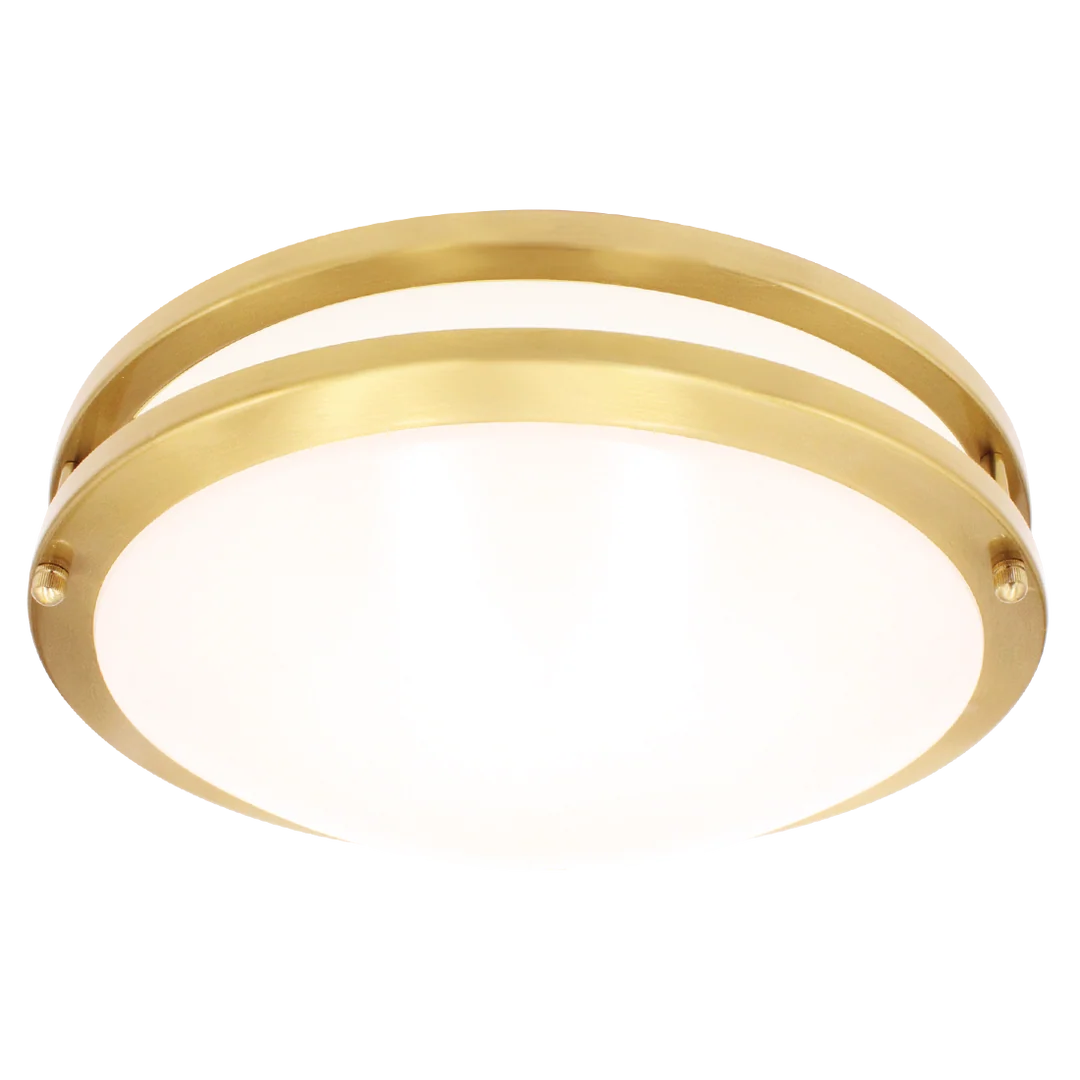 A modern semi-flush mount ceiling light fixture with a brushed gold metal frame and a frosted white circular glass shade, shown against a plain white background.