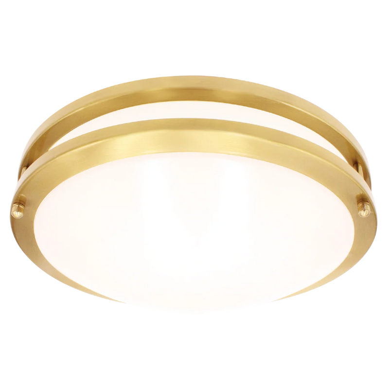 A modern semi-flush mount ceiling light fixture with a brushed gold metal frame and a frosted white circular glass shade, shown against a plain white background.
