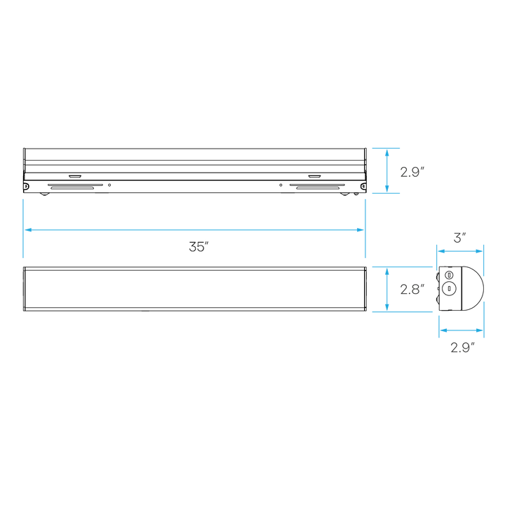 Technical dimension diagram of a rectangular linear light fixture, showing front and side views with measurements labeled 35 inches long, 2.9 inches high, and a circular end profile of 3 by 2.