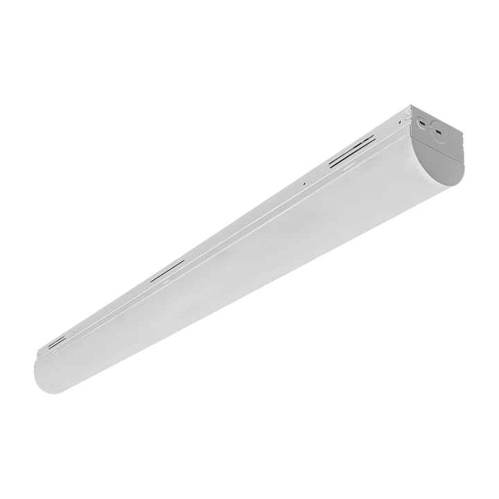 A long, slim white linear light fixture with a rounded end cap, shown at an angle on a plain white background.