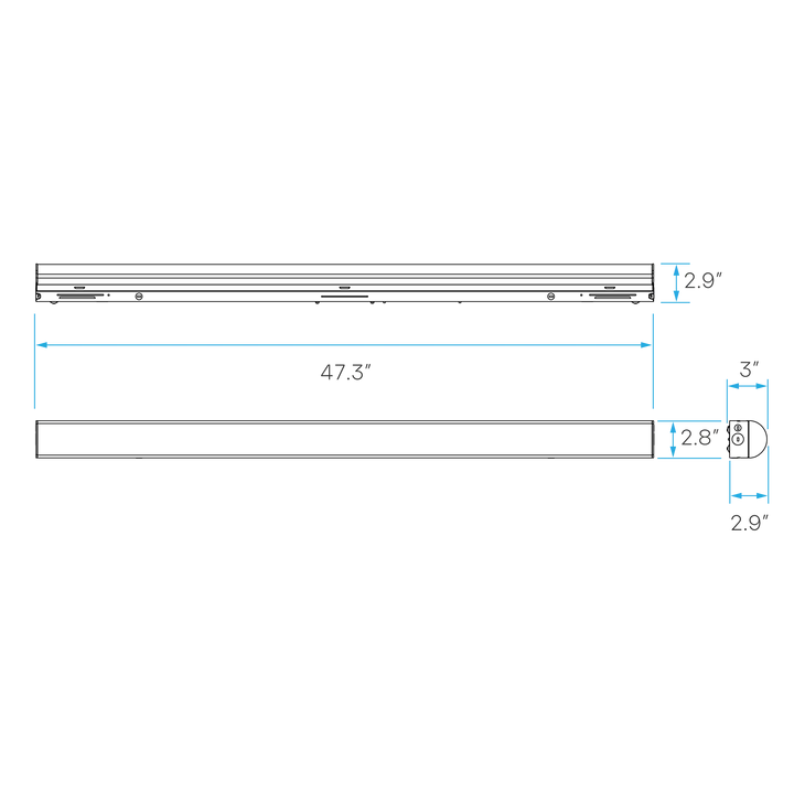 A technical dimension drawing of a long rectangular strip product shown in side and top views, with measurements labeled 47.3 inches, 2.