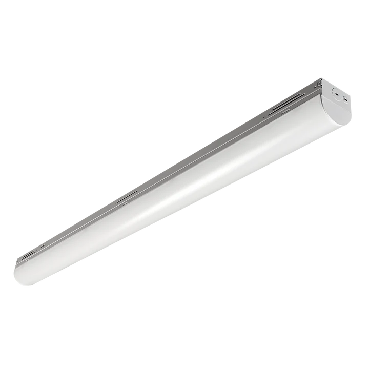 A long, cylindrical LED undercabinet light fixture with a white diffuser and silver metal housing, shown at an angle on a solid white background.