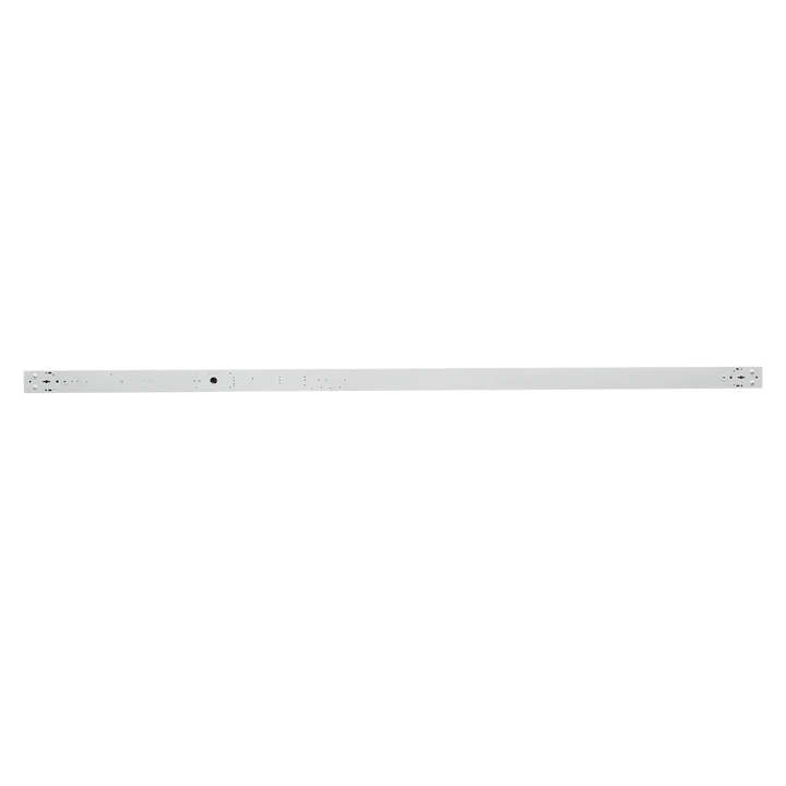 A long, slim white metal bar with small printed markings and symbols along its center, shown horizontally against a plain white background.