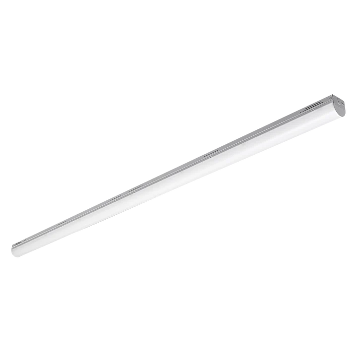 A long, slim LED linear light fixture with a white frosted tube and a silver metal mounting bracket, shown diagonally on a solid white background.