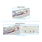 Step-by-step installation process of a sensor with labeled stages on a white background.