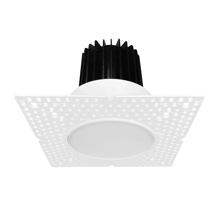 A modern square recessed LED ceiling light fixture with a white perforated outer frame, a circular diffuser, and a black ribbed heat sink on a white background.