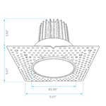 Technical line drawing of a ceiling light fixture with dimension annotations, showing a square perforated shade, central opening, and finned top on a white background.