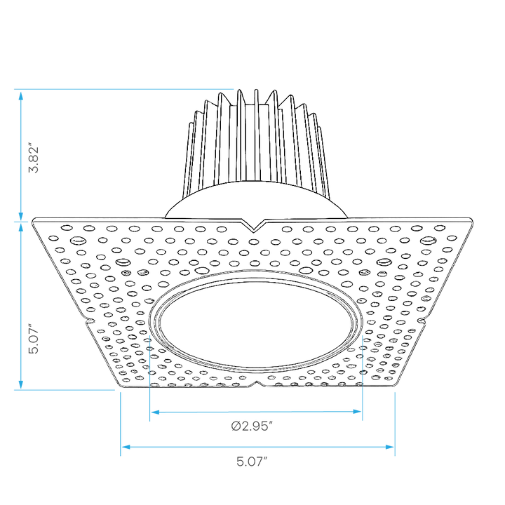Technical line drawing of a ceiling light fixture with dimension annotations, showing a square perforated shade, central opening, and finned top on a white background.