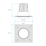 Technical dimension drawing of a square perforated metal diffuser or vent component, showing front and top-down views with measurements in inches on a white background.