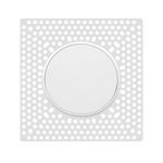 A square white plastic or acrylic panel with a circular cutout in the center and a border of small perforated dots, shown on a plain white background.