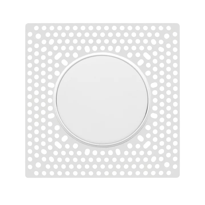 A square white plastic or acrylic panel with a circular cutout in the center and a border of small perforated dots, shown on a plain white background.