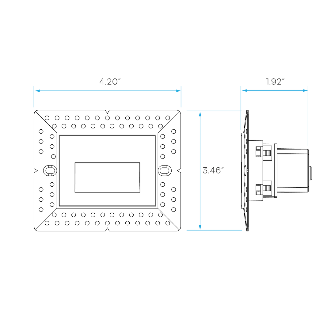 Technical dimension diagram of a square electronic module, showing a top-down view with 4.20 inches width and a side profile with 3.