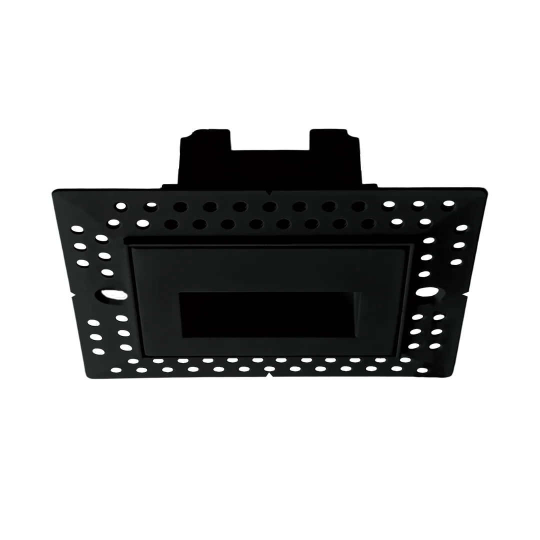 Black metal mounting bracket with a rectangular recessed center and multiple circular screw holes around the perimeter, shown on a plain white background.