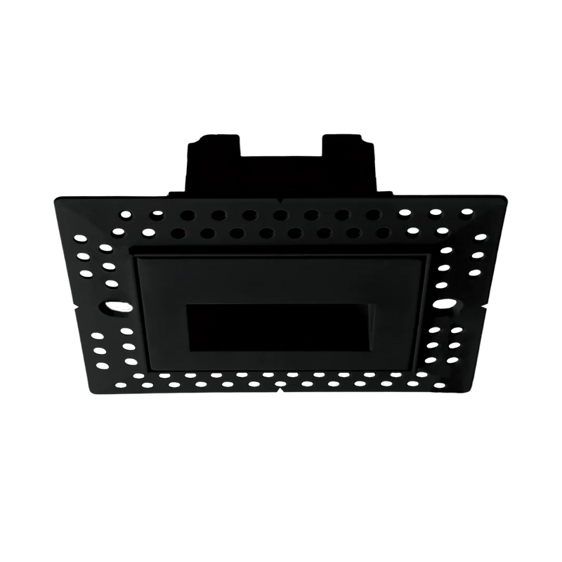 Black metal mounting bracket with a rectangular recessed center and multiple circular screw holes around the perimeter, shown on a plain white background.