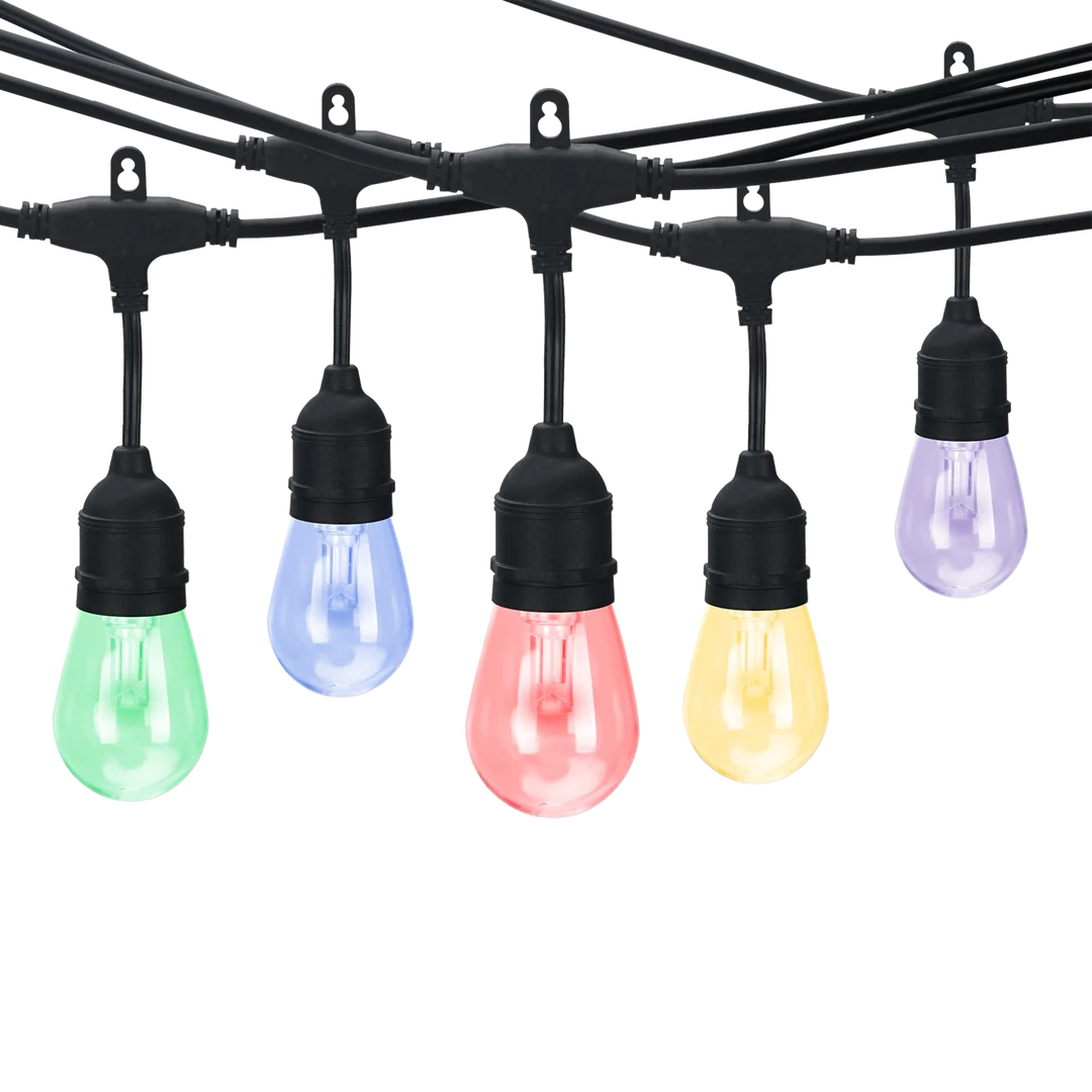 Black string light bulbs with five illuminated globe bulbs in green, blue, pink, yellow, and purple, shown against a white background.