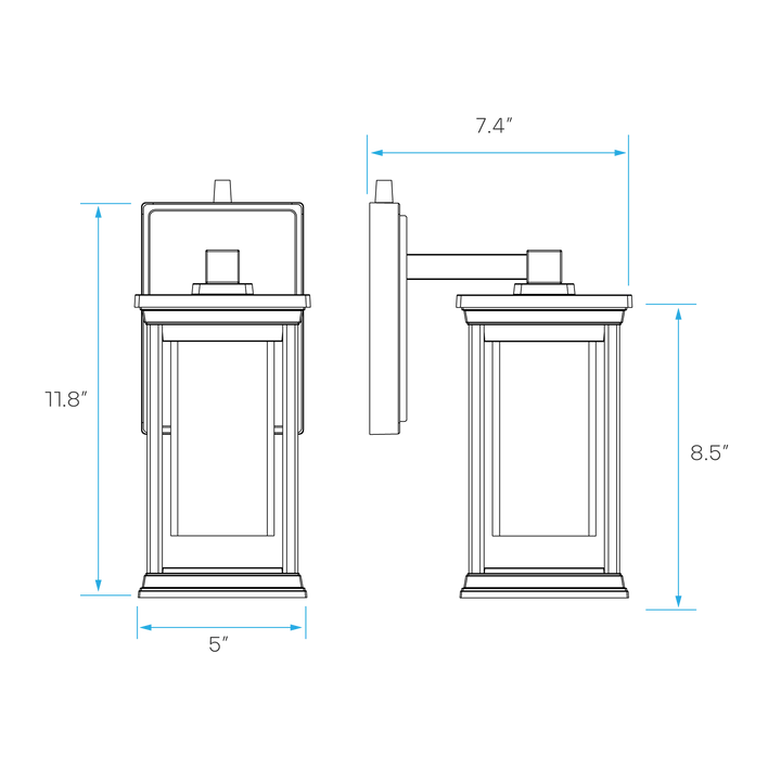 Technical dimension diagram of a wall-mounted lantern light fixture, showing front and side views with measurements including 11.8 inches height, 5 inches width, 7.