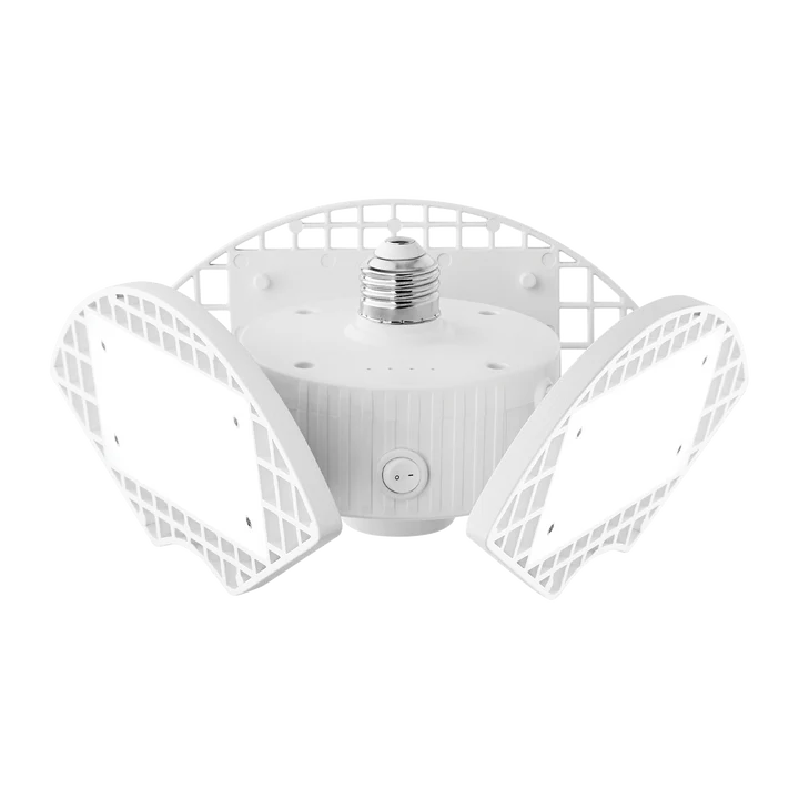 A white dual-light outdoor security spotlight with a central screw-in socket and two angled light heads, shown against a plain white background.