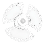 A white three-blade outdoor light fixture with a central motion sensor and grid-patterned protective covers, shown against a plain white background.