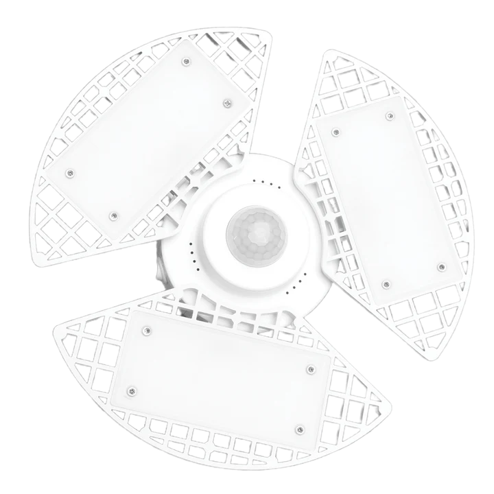 A white three-blade outdoor light fixture with a central motion sensor and grid-patterned protective covers, shown against a plain white background.