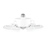 A white smart light bulb with a central cylindrical body, a silver screw-in base, and two curved white mounting arms extending outwards to form a fan shape, shown against a plain white background.
