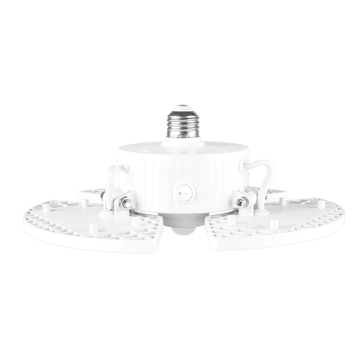 A white smart light bulb with a central cylindrical body, a silver screw-in base, and two curved white mounting arms extending outwards to form a fan shape, shown against a plain white background.