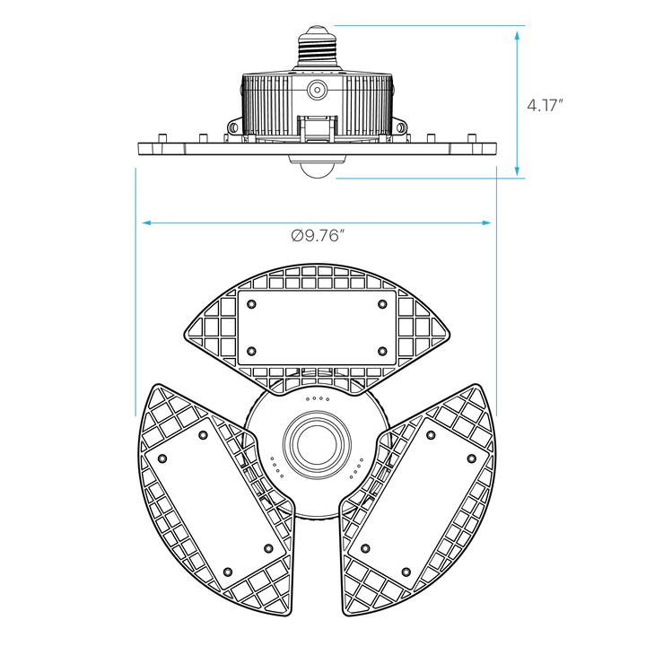 Technical line drawing of a three-spoke circular product with dimension annotations, showing top and side views with measurements 4.17" and Ø9.