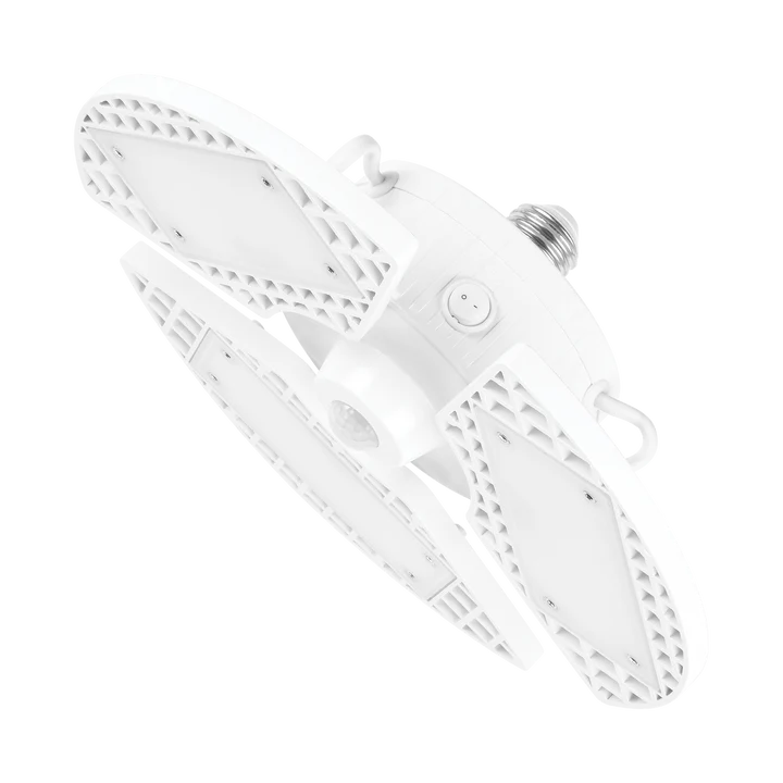 A white plastic multi-light ceiling fan with four LED light panels and a silver screw-in socket, shown on a solid white background.