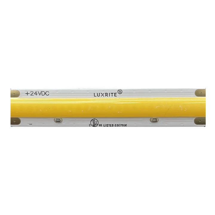 A Luxrite linear LED light bar, 18 inches, featuring a bright yellow anodized aluminum body and silver metal end caps with brass screw terminals, shown against a plain white background.