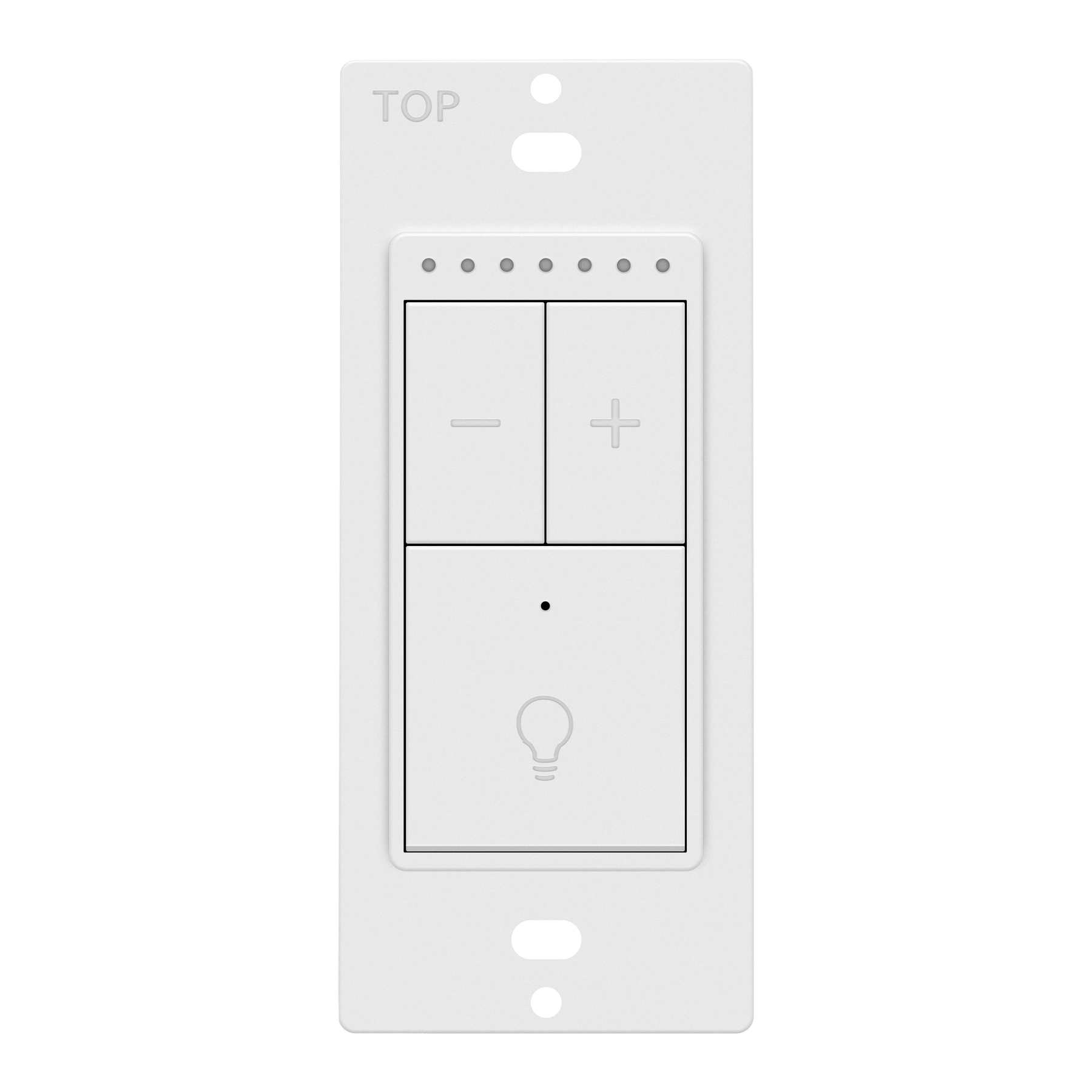 White low voltage dimmer switch with three touch buttons featuring minus, plus, and bulb icons for 0-10v dimmable led control