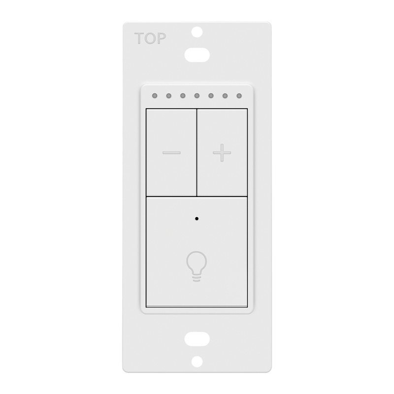 White low voltage dimmer switch with three touch buttons featuring minus, plus, and bulb icons for 0-10v dimmable led control