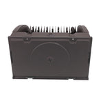 Black plastic cd dvd drive with vertical fins shown from back side next to led rotatable wall pack 5400 lumens 40w 5000k