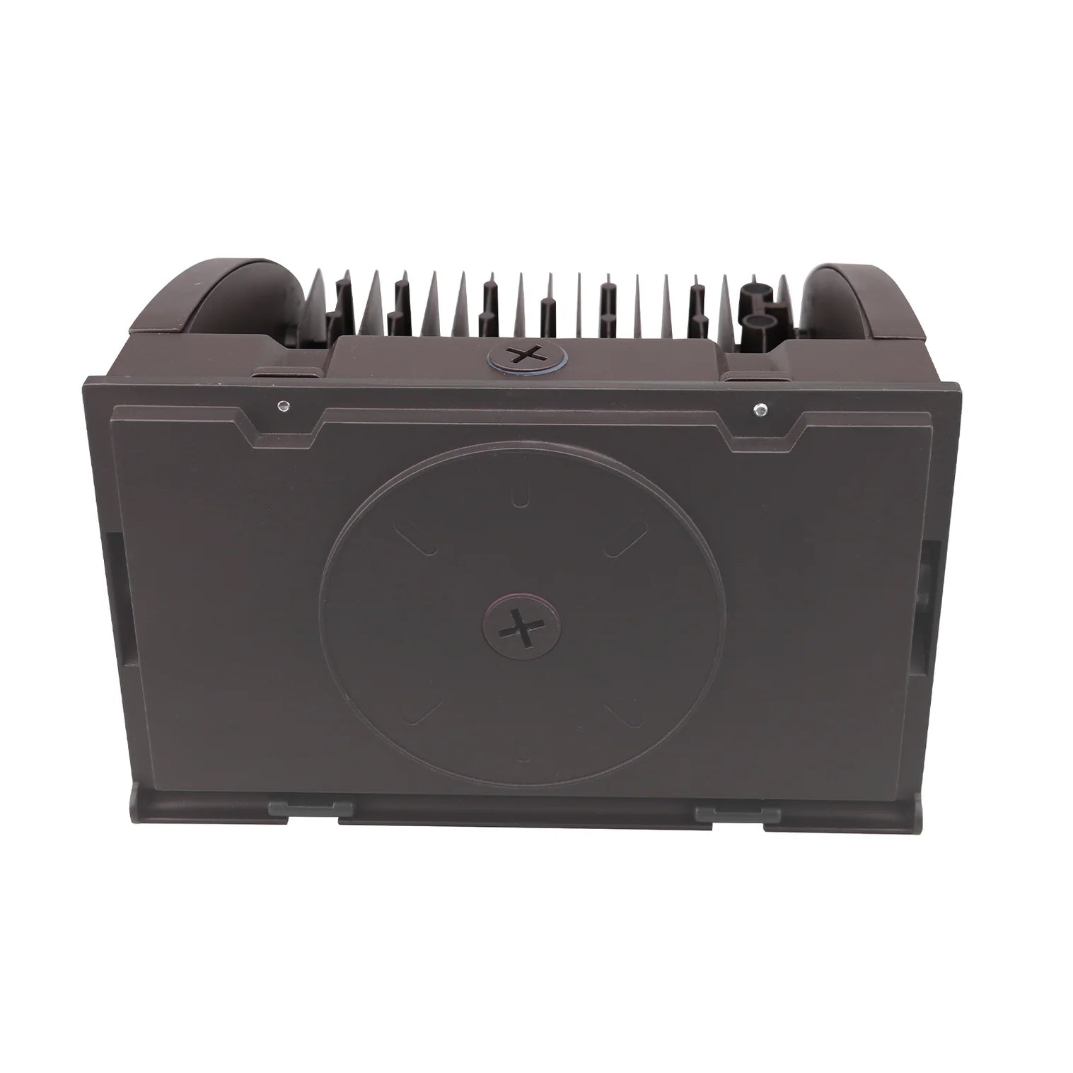 Black plastic cd dvd drive with vertical fins shown from back side next to led rotatable wall pack 5400 lumens 40w 5000k