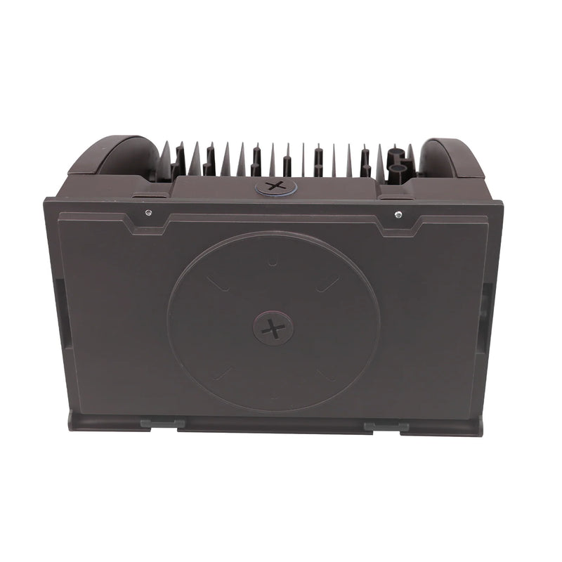 Black plastic cd dvd drive with vertical fins shown from back side next to led rotatable wall pack 5400 lumens 40w 5000k