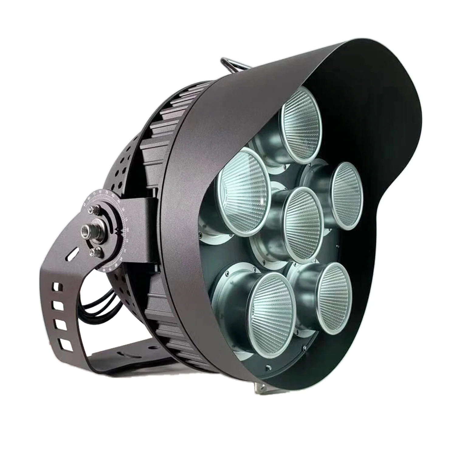 Black led sport light with seven circular lenses and textured housing 78,000 lumens 600w 120-277v 5000k
