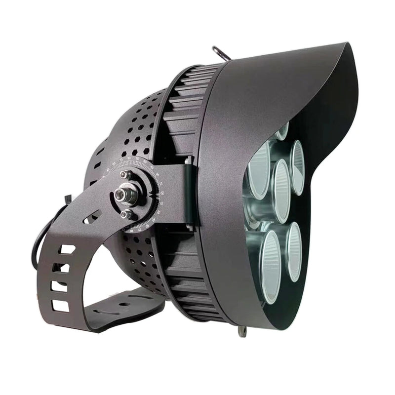 Black led sport light with six circular bulbs and perforated heat-dissipating housing 78000 lumens 600w 5000k