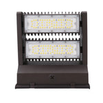 Brown led rotatable wall pack with dual rectangular panels in heat-dissipating housing 10800 lumens 80w 5000k