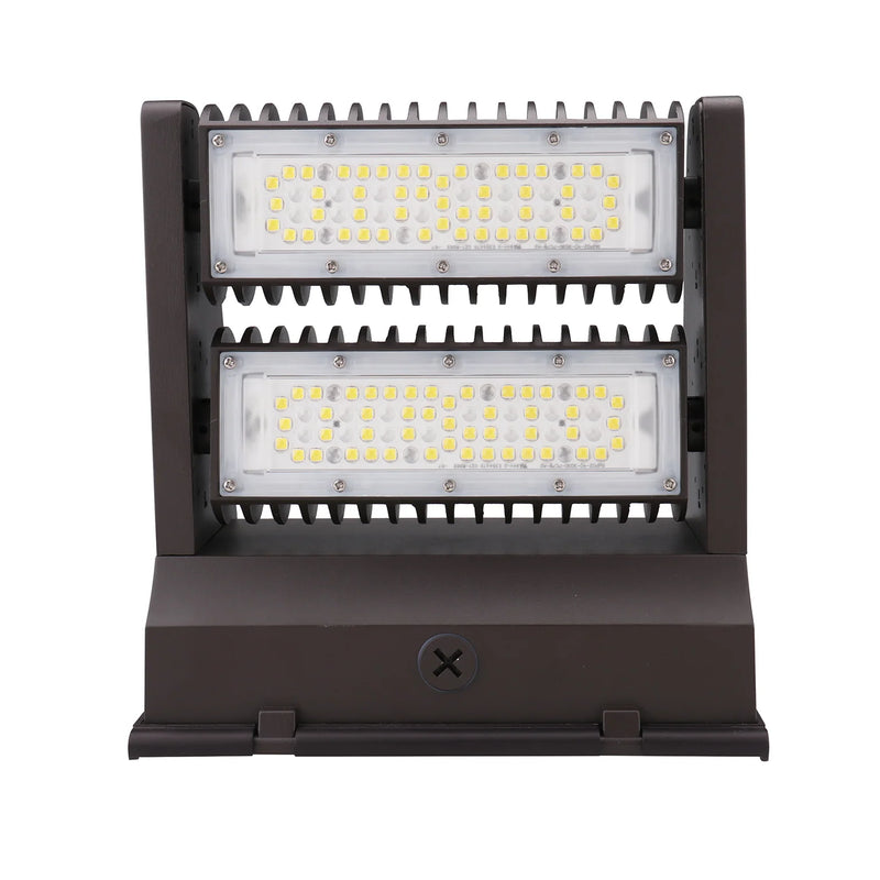 Brown led rotatable wall pack with dual rectangular panels in heat-dissipating housing 10800 lumens 80w 5000k