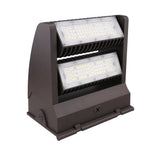 Brown dual-head led rotatable wall pack with bright white rectangular panels in sturdy ribbed housing 80W 10,800 lumens