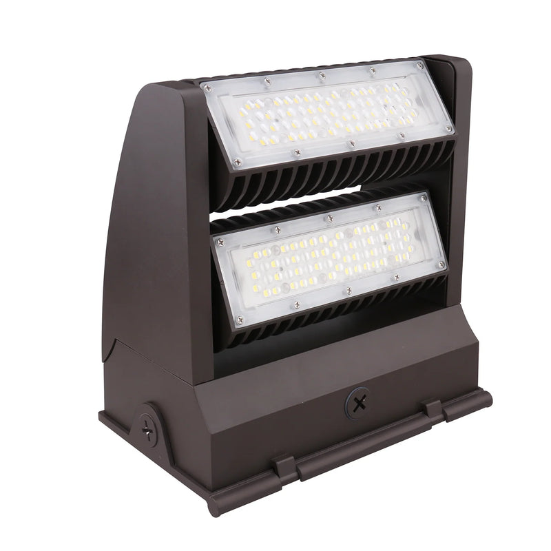 Brown dual-head led rotatable wall pack with bright white rectangular panels in sturdy ribbed housing 80W 10,800 lumens