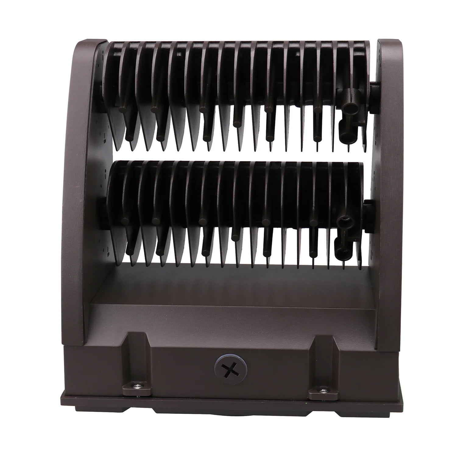 Black plastic hair clipper comb organizer with two rows of adjustable combs shown with led rotatable wall pack