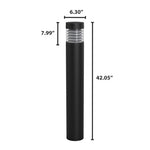 Black cylindrical commercial led bollard light with clear tiered lamp head and flat top louver reflector for outdoor use