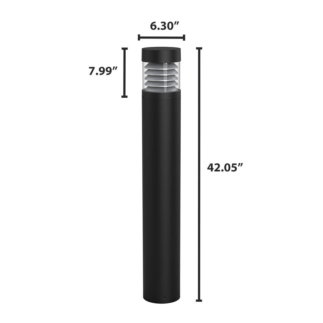 Black cylindrical commercial led bollard light with clear tiered lamp head and flat top louver reflector for outdoor use