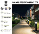 Black cylindrical commercial led bollard light with flat top louver reflector and frosted glass diffuser